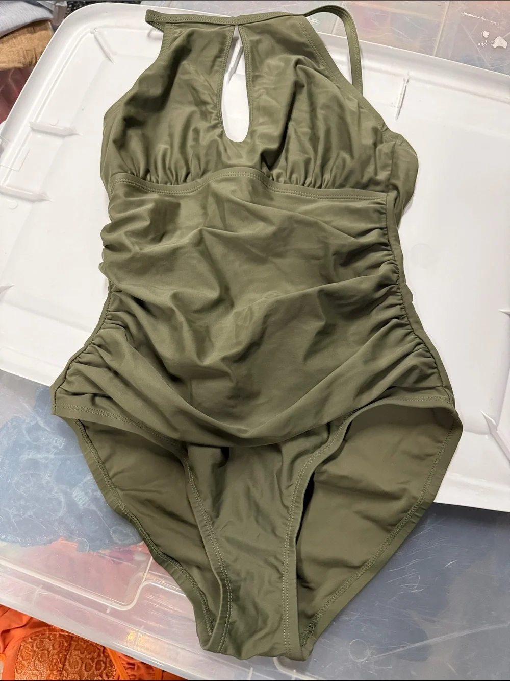 Ellen Tracy Olive Green Ruched One-Piece Swim Bodysuit